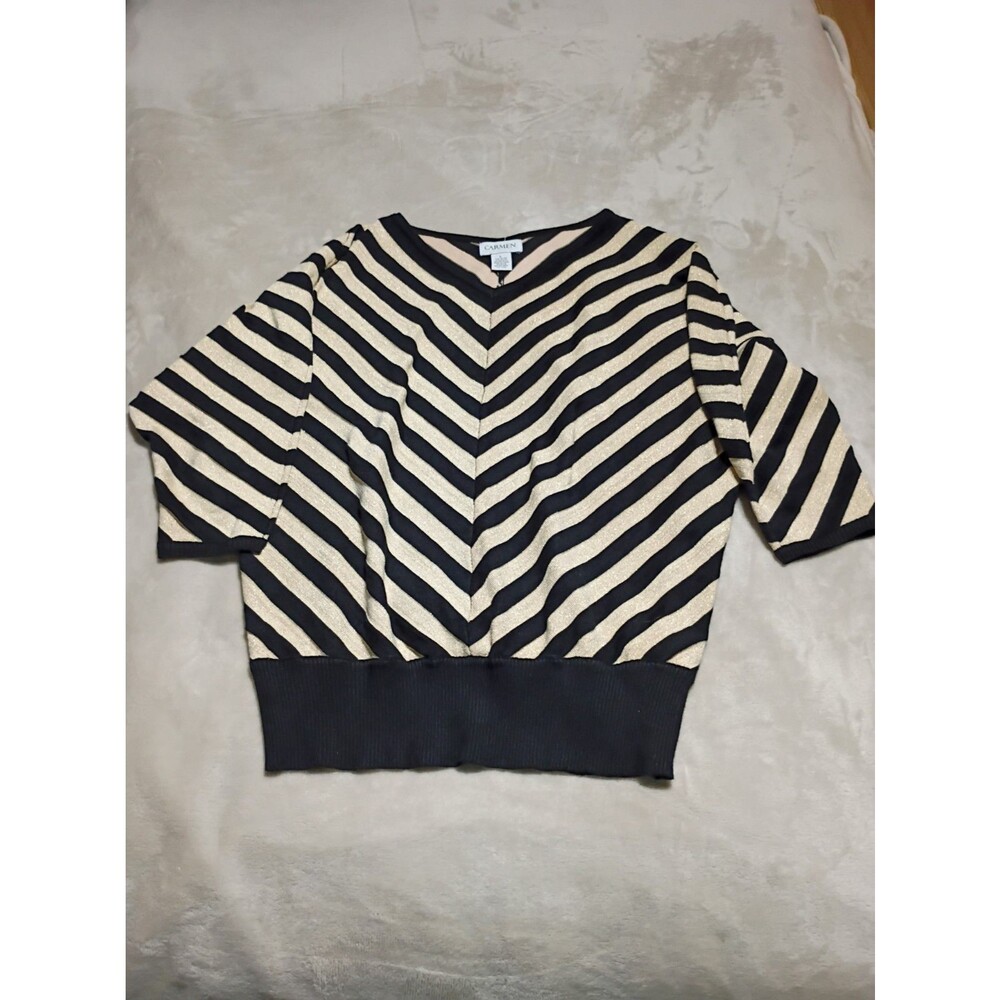 Carmen Marco Valvo Woman L Black Gold Striped V Neck Sweater pullover stretch
